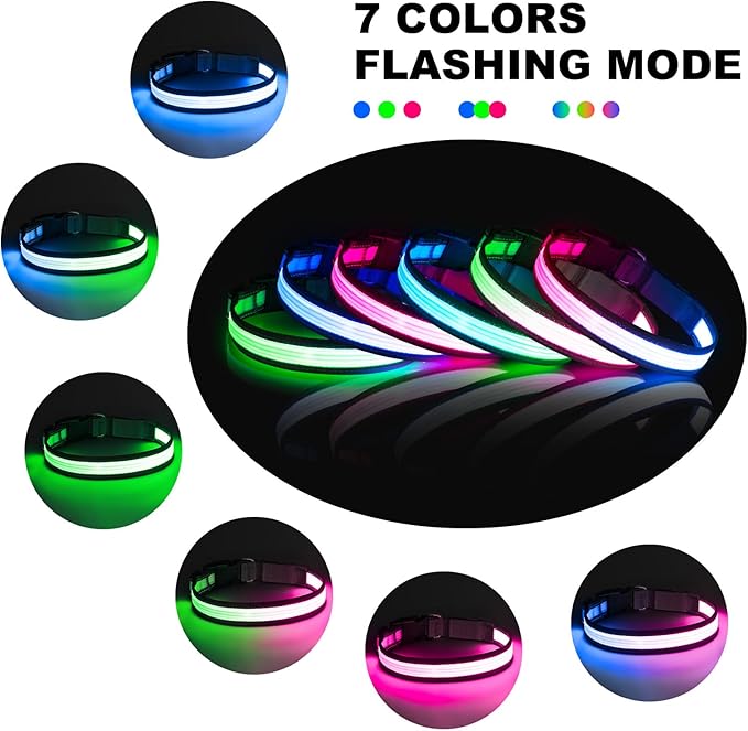 Multi-Color Light up Dog Collar, YFbrite USB Rechargeable LED Puppy Collar Super Bright Adjustable Glowing Dog Lights for Night Walking (Multi-Color, Small)