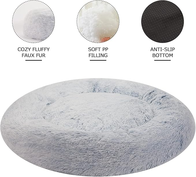 Bedfolks Calming Donut Dog Bed, 23 Inches Round Fluffy Dog Beds for Small Dogs, Machine Washable Anti-Anxiety Plush Puppy Bed（Light Blue, Small）