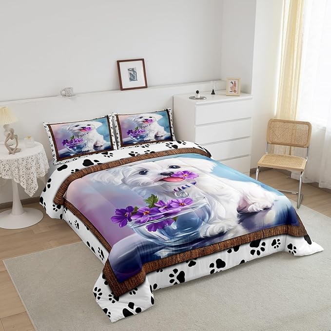 Erosebridal Kawaii Animal Comforter Full for Girls Boys Cute Puppy Comforter Set, Dog Paw Bedding Comforter Sets Chic Flowers Duvet Insert, Cute Pet Quilted Comforter with 2 Pillow Cases, Lightweight