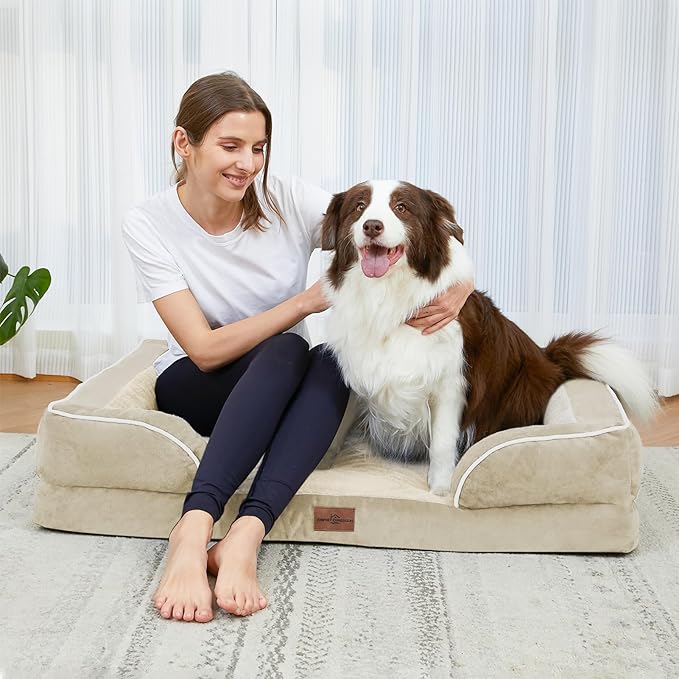 Comfort Expression Orthopedic Jumbo Dog Beds Waterproof, Extra Large Dog Beds Jumbo Breed, PV Washable Pet Sofa Couch with Removable Cover & Non-Slip Bottom(Beige)