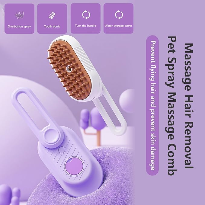 2 Pcs Upgraded Steam Pet Grooming Brush - 3 in 1 Water Brush for Cats & Dogs, Anti-Static Purple & White