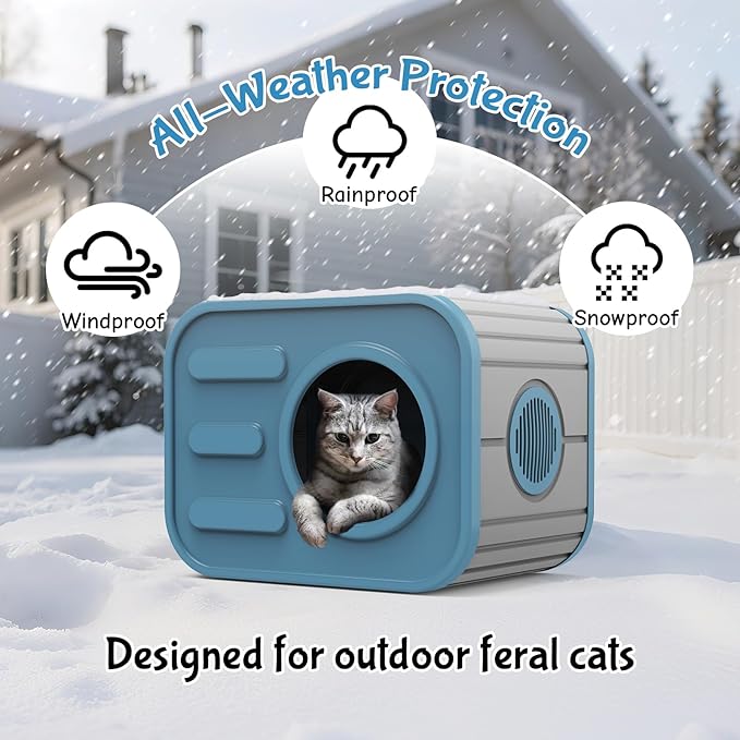 Outdoor Cat House, Outside Cat Shelter with Bed Mat for Feral Cat, Plastic Pet House for Indoor and Outdoor Use, Weatherproof, Blue