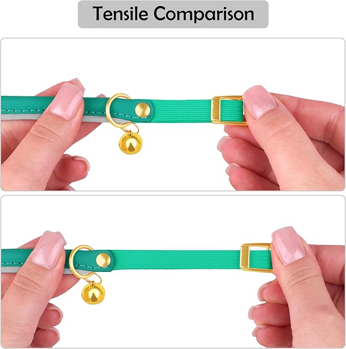 OOPSDOGGY Rolled Leather Cat Collar with Bell - Reflective Kitten Collar with Safety Elastic Strap - Adjustable Small Pet Collars for Boy Girl Cats (Teal)
