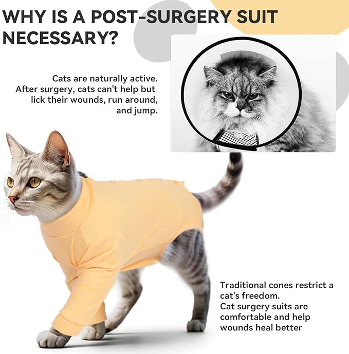 T'CHAQUE Cat Surgery Recovery Suit, Anti-Licking Onesie for Post-Spay/Neuter Abdominal Wound, Cat Recovery Suit with Adjustable Drawstring Collar - Long Sleeve Kitten Surgical Onesie, Orange, L
