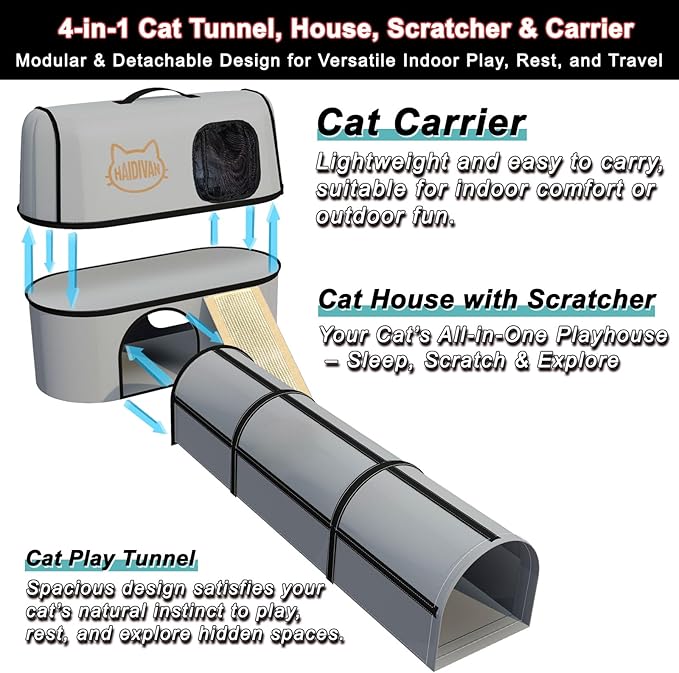 Pet 4-in-1 Cat Tunnel, Carrier, House & Scratcher – Detachable and Combinable – Indoor Beds, Outdoor Use, Cat Toys & Furniture (Gray)