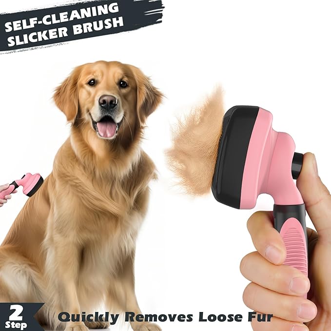 3PCS Self Cleaning Slicker Brush & Pet Grooming Rake & Bath Brush for Dogs ,Cats and Horses | Double-Sided Dematting Comb & Skin Friendly Deshedding Grooming Tool | Pet Supplies (Light Pink Black)