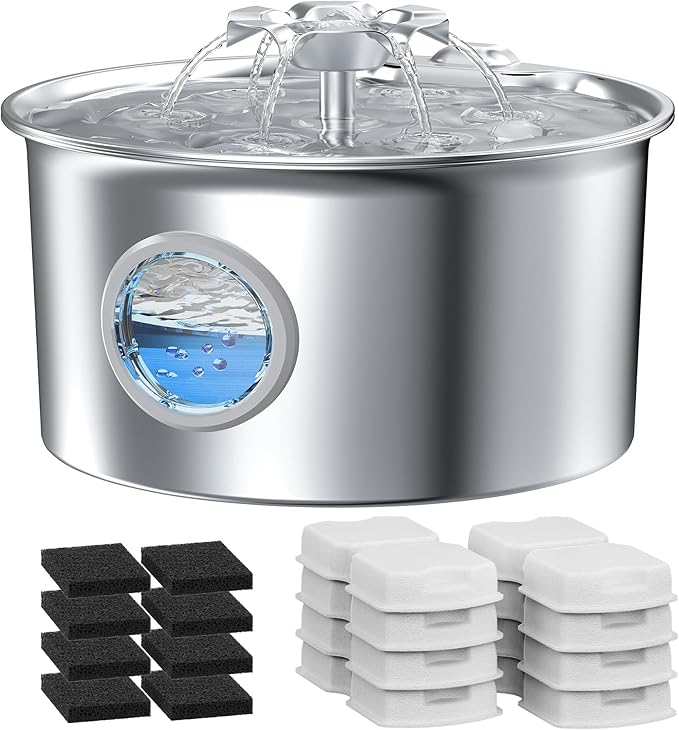 Cat Water Fountain Stainless Steel - 88oz/2.6L Pet Drinking Fountain for Cats Indoor with 8 Filters - Automatic Cat Watering Dispenser Bowl with Water Level Window - Quiet for Cats & Dogs Owners