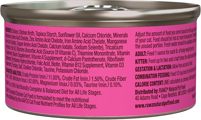 Rawz Natural Premium Shredded Canned Cat Wet Food - Grain Free Made with Real Meat Ingredients No BPA or Gums - 3oz Cans- 18 Count (Chicken)