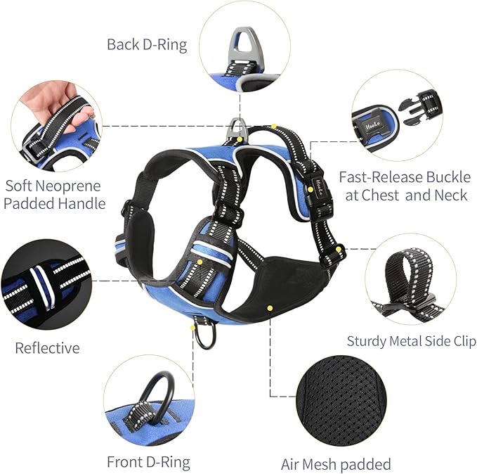 HEELE Dog Harness Dog Harness Large Dog with Soft Padded Handle Reflective No Pull Dog Harness for Large Dog for Outdoor Training Walking, Blue, L