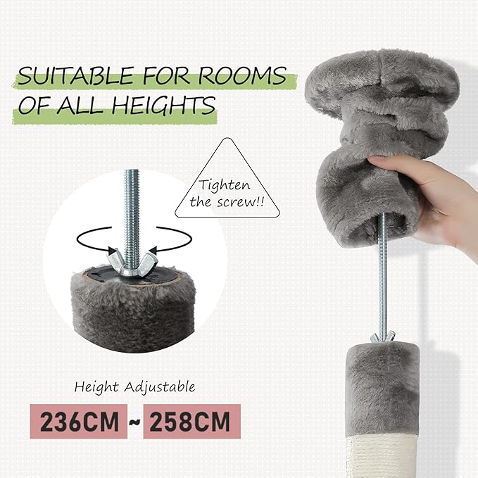 PEQULTI Floor to Ceiling Cat Tree 92.9’’-101.6’’ Height Adjustable Cat Tower Tall Kitty Climbing Play House with Scratching Posts, Cozy Condo, Perches and Large Hammock for Indoor Cats Gray