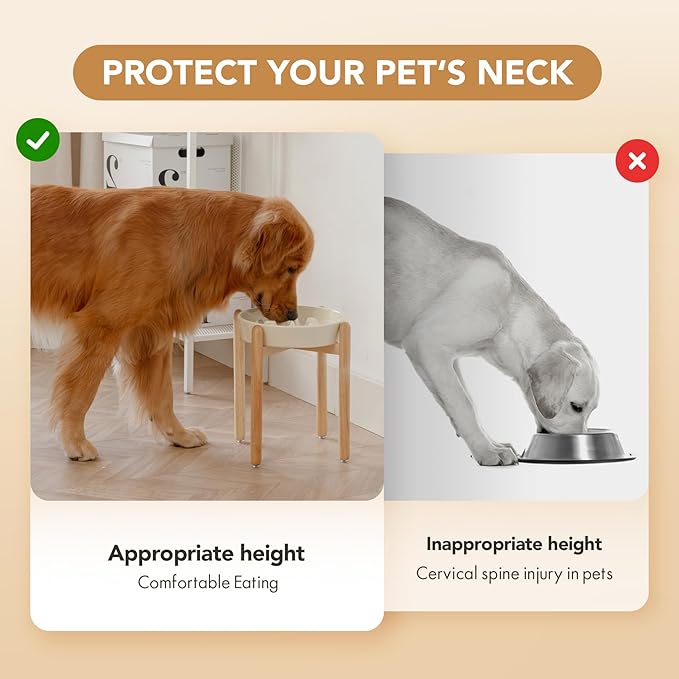 9.5inch Ceramic Dog Raised Slow Feeder Set, Elevated Bowl with Wooden Stand for Large Dog, Slow Feeder Dish for Fast Easters, Anti-Gulping(Beige, Single Bowl+ Stand)