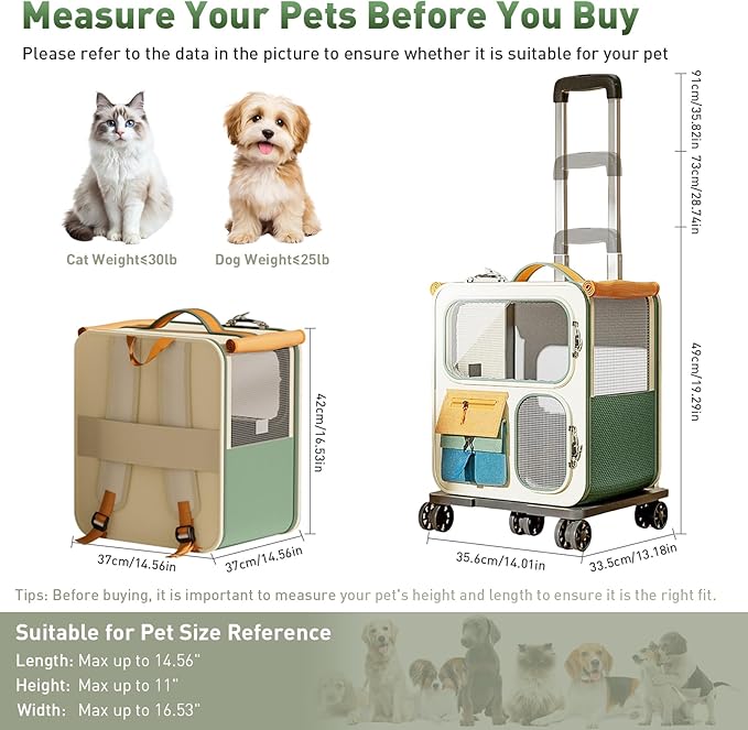 Cat Carrier with Wheels, Soft Rolling Pets Carrier Collapsible on Wheel Pet Handbag Cats Backpack, Dog Carriers up to 23 LBs Removable Cat Bag for Small Dogs Medium Cats Outing(NOT for TSA)