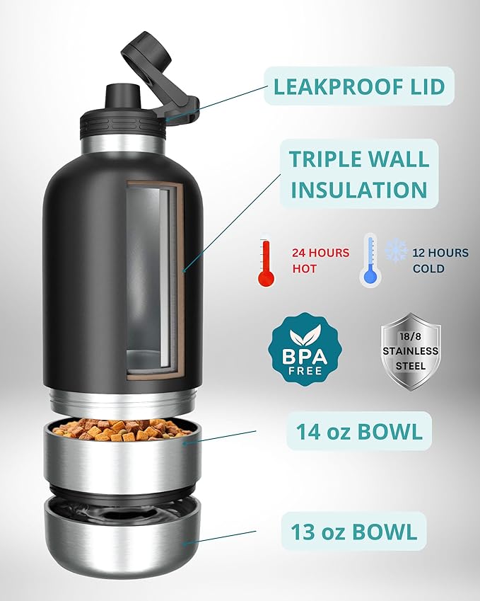 Dog Water Bottle, Insulated Dog Travel Water Bottle, Stainless Steel Pet Water Bottle Dispenser Portable Food and Water Bowl for Dogs with Carrying Case for Walking Dog Canteen Travel Kit