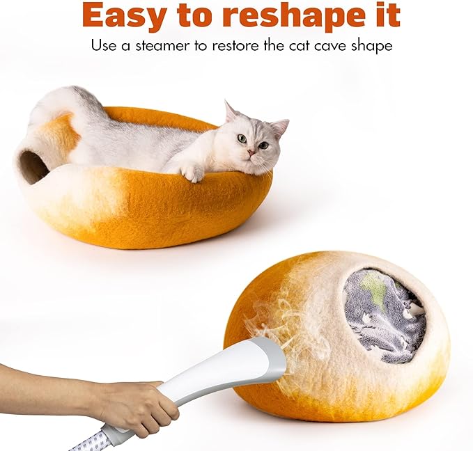 Cat Cave Bed -Handmade Wool Cat Bed Cave, Cat Bed Cat House, Felt Cat Caves for Indoor Cats and Kittens(Yellow/White)