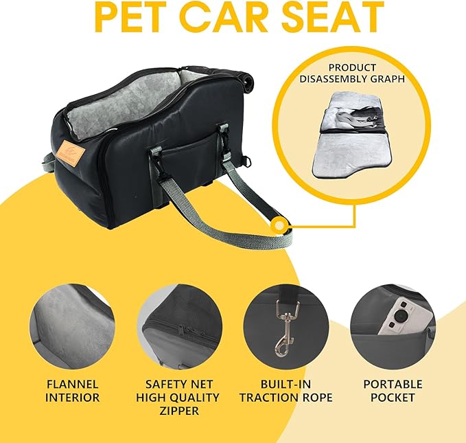 Multipurpose Console Dog Car Seat for Small Dogs & Cats， Portable Pet Carrier with Safety Tether & Storage Pockets (Black, Middle)