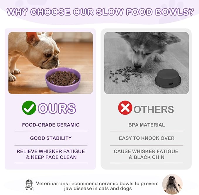 TRUVIC Ceramic Slow Feeder Dog Bowls Small Breed, 0.6 Cup Slow Feeder Cat Bowls for Fast Eaters, Ceramic Dog Food Dish no Black Chin, Puzzle Bowl for Small Dogs and Cats, Purple