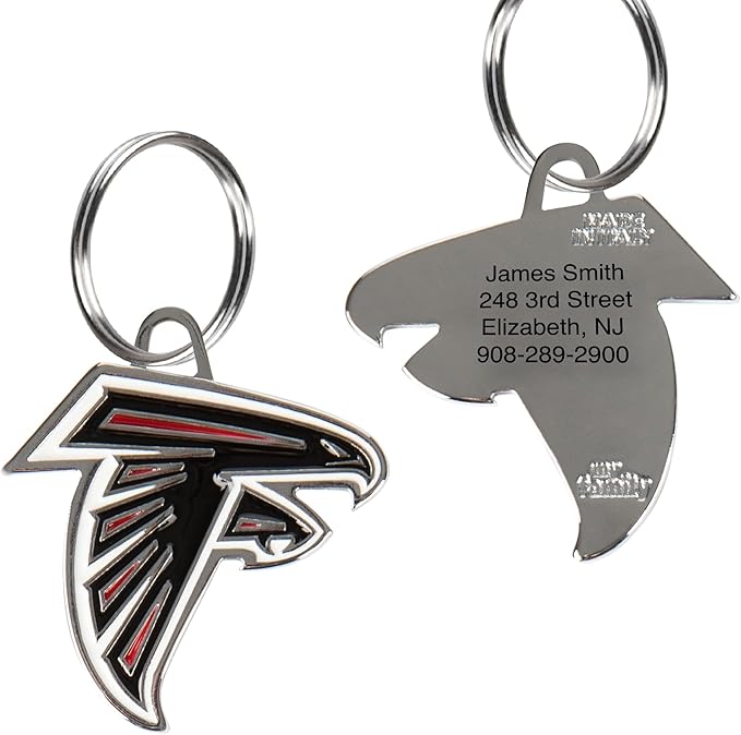 NFL Atlanta Falcons Engraving Pet ID Tags in 32 Team Logo Shapes Personalized Dog Tags and Cat Tags with 3 Lines of Customizable Text for Tracking & Safety. Stainless Steel Pet ID Tracking Tags