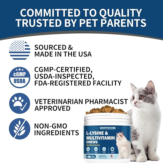 L-Lysine Supplement for Cats, Cat Vitamins for Sneezing, Runny Nose, Cold, Immune Support, Eye Function and Respiratory Health, Natural Lysine Cat Treats (120 Chews, Tuna)
