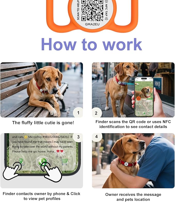 QR Code Dog Tag with NFC, Personalized Pet ID Tag, Silent Silicone Dog ID Tag, Modifiable Pet Online Profile, Multiple Emergency Contact, Scan QR Code Send Location Email (Small, Orange)