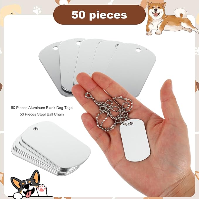 100 Pcs Personalized Dog Tags Set Including 50 Pcs Aluminum Blank Dog Tags for Engraving 50 Ball Steel Chain Rectangle Metal Blank Stamping Label for DIY Craft(Silver)