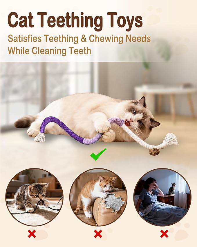 Cat Chew Rope Toys 6Pcs with Catnip, Indoor Cat Teething Toys for Kittens, Interactive Catnip Kitty Toys for All Breeds (3PCs Chew Rope & 3PCs Silvervine Sticks)