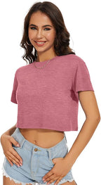 Womens Summer Crop Tops Short Sleeve Round Neck T-Shirts Loose Fit Casual Blouse