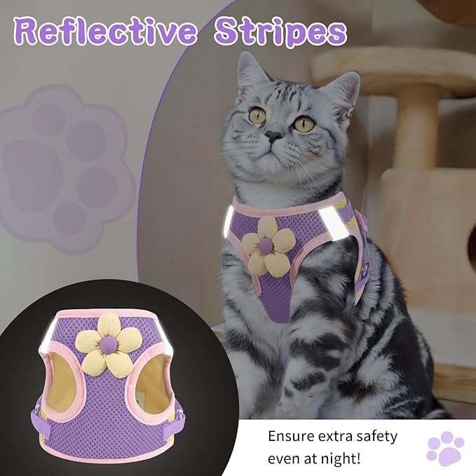 Cat Harness and Leash Set for Walking Escape Proof, Adjustable Kitten Harness Breathable Mesh with Reflective Strips Harness with Flower for Kitty Puppy Bunny Purple S