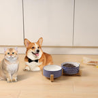 Selamica Ceramic 14 OZ Dog Bowls with Wooden Stand, Anti-Slip Dog Dishes Set for Cats & Small Dogs, Weighted Pet Bowls Set of 2, Vintage Blue