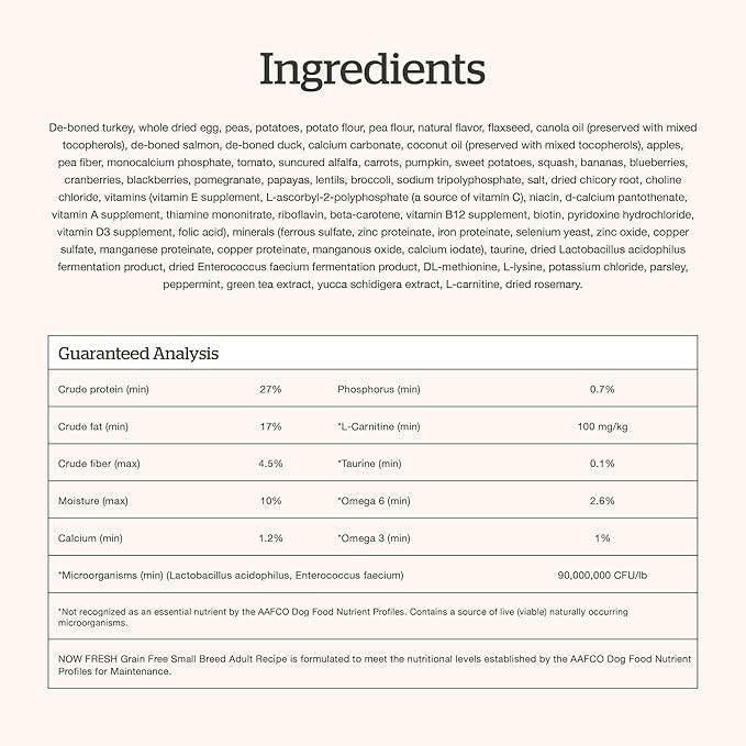 Now Fresh Grain-Free Small Breed Dry Dog Food with Turkey, Salmon & Duck, Healthy Kibble for Adults Made with Real Meat & Fish, Chicken-Free Recipe, Pumpkin & Probiotics for Good Digestion, 12 lb Bag