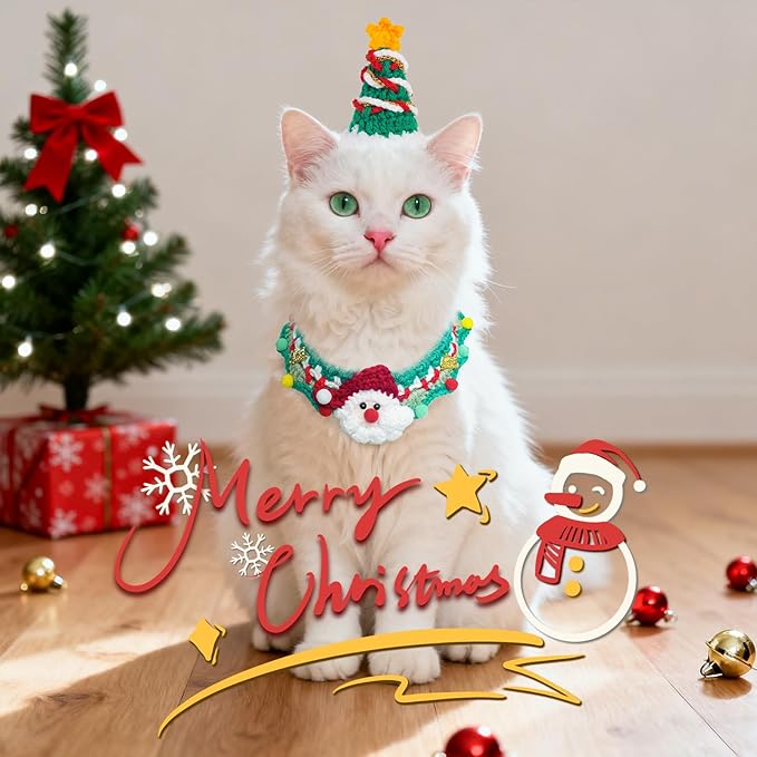 SCENEREAL Christmas Cat Costumes - Cute Knit Santa Claus Christmas Tree Costume for Puppy Dogs Cats, Kitten Collar Hat for Holiday Party, Pet Apparel Xmas Outfit for Small Animal, Dolls