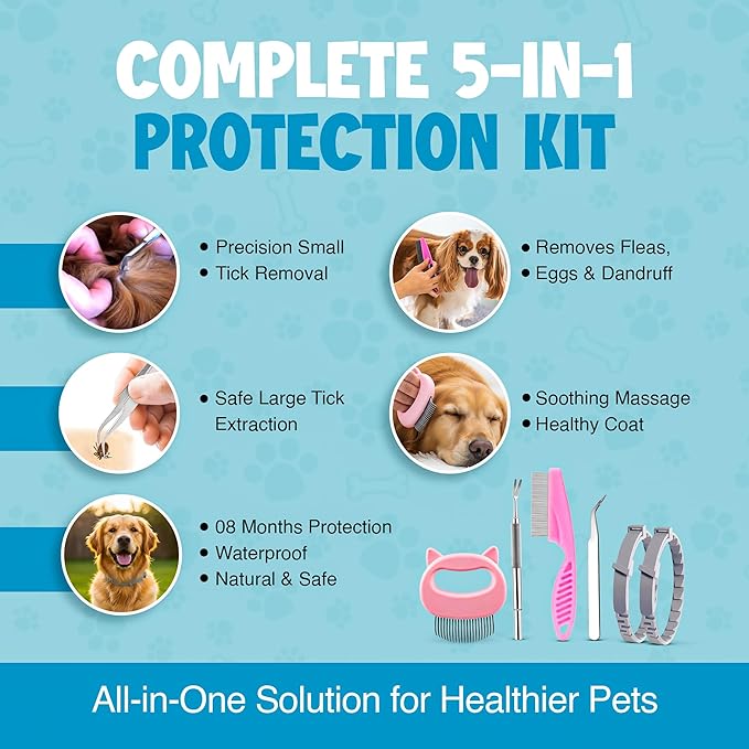 Dog Flea Collar 2 Pack 8-Month Protection, All Natural Flea Collar for Dogs, Includes Flea Comb, Shell Comb, Tick Tweezers & Tick Removal Tool 5-in-1 Dog Flea Protection Kit