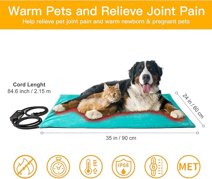 Toozey Large Pet Heating Pad, 6 Adjustable Temperature Dog Cat Heating Pad with Timer, Waterproof Heated Dog Bed with Chew Resistant Cord, Indoor Electric Pet Heated Mat 35x24in