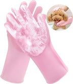 Pet Grooming Gloves，Heat-Resistant Silicone Gloves with High-Density Teeth for Enhanced Massaging and Bathing of Dogs and Cats (Pink, 2 Pair)