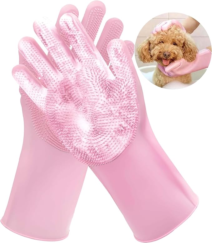 Pet Grooming Gloves，Heat-Resistant Silicone Gloves with High-Density Teeth for Enhanced Massaging and Bathing of Dogs and Cats (Pink, 2 Pair)
