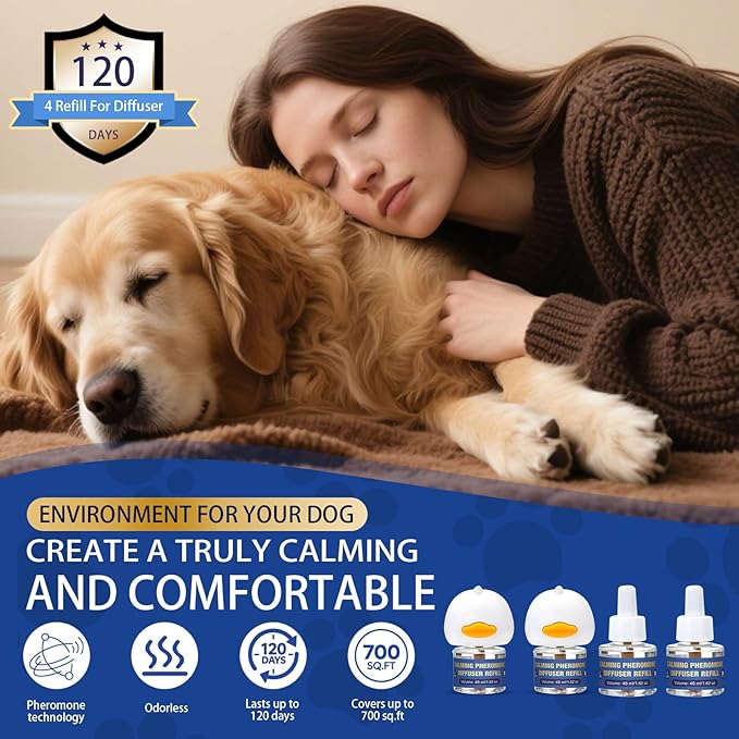 Dog Pheromone Calming Diffuser: Relaxing Pheromone for Dogs Relief Stress Anxiety Fighting Scratching Barking, Dog Calming Pheromone Diffuser Kit with 2 Plug in Diffuser+4 Refill 48ml (6in1)