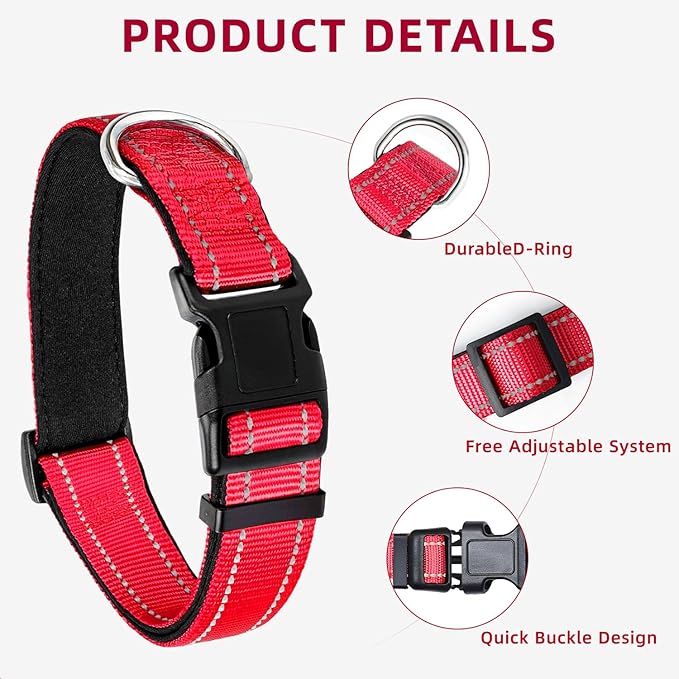 Reflective Dog Collar, Soft Neoprene Padded Nylon Pet Collar with Quick-Release Buckle, Adjustable for Mediunm Dogs,Red,M, 1" Width