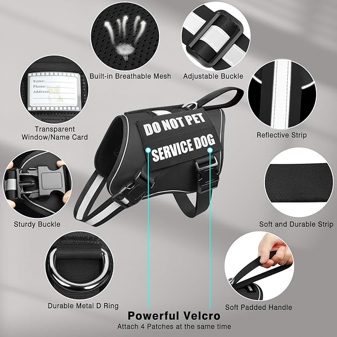 Service Dog Vest Harness+ID Tag+10 Patches,Metal Serivce Dog Tag&Reflective Emotional Support Dog Vest with Handle for Medium Dogs,Easy Put On/Off for Training/Walking/Everyday Black M