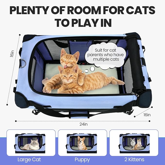 Large Cat Carrier for Car Travel, Pegic Soft Sided Collapsible Pet Carrier for Outdoor and Indoor Uses, Roomy Extra Large Cat Carrier for 2 Kittens, Large Cat or Puppies Up to 50lbs (Blue)