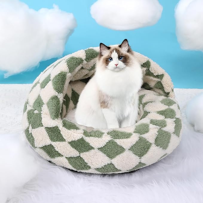 Dog Beds for Small Dogs, Cat Bed Cave, Washable Cute Cat Bed, Cozy Nook Pet Bed for Dogs or Cats, Anti-Slip Puppy Bed Fits up to 12 lbs Pets(Grid Green, 20" x 20")