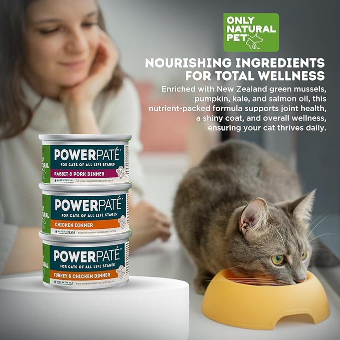 Only Natural Pet PowerPate Grain-Free Wet Cat Food - High Protein, Limited Ingredient Pate for Wellness (Chicken & Turkey, Rabbit & Pork, Chicken Dinner) Variety Pack, 2.75 oz Cans, Case of 12 (V)