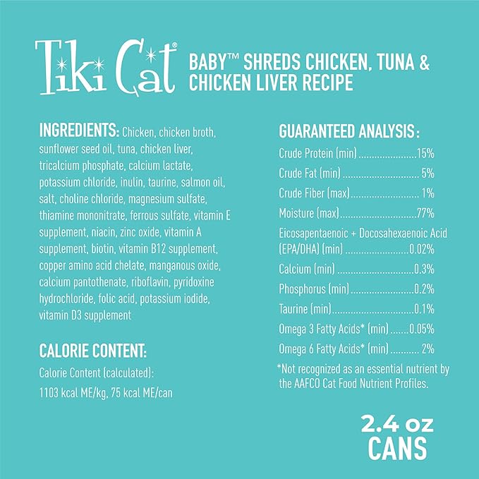 Tiki Cat Baby, Chicken Tuna & Chicken Liver Shreds, High-Protein and Flavorful, Wet Cat Food for Kittens 8 Weeks Plus, 2.4 oz. Cans (Pack of 12)