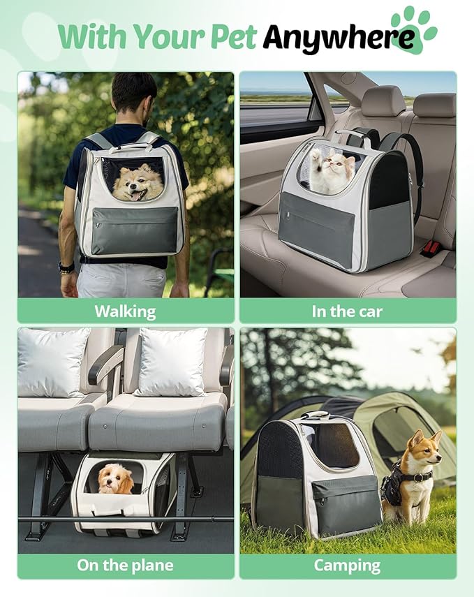 Large Cat Backpack Carrier, Expandable Roomy Pet Carrier Backpack for Medium Cat/Small Dog Puppy Under 18lbs, Breathable Foldable Dog Backpack Travel Airline Approved for Camping Outdoor, Gray
