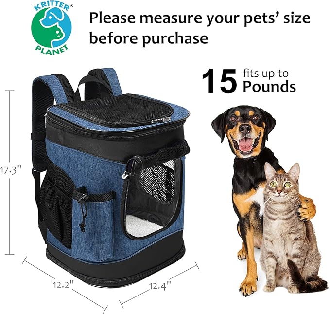 Kritter Planet Pet Carrier Backpack for Cats Dogs, Breathable Pet Backpack with 4 Mesh Window, Portable Pet Carrier for Camping
