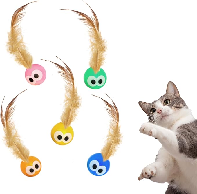 Bouncy Tails 5 Pack Interactive Bouncy Ball with Natural Feathers for Indoor Cats and Kittens who Love to Play and Have Fun.