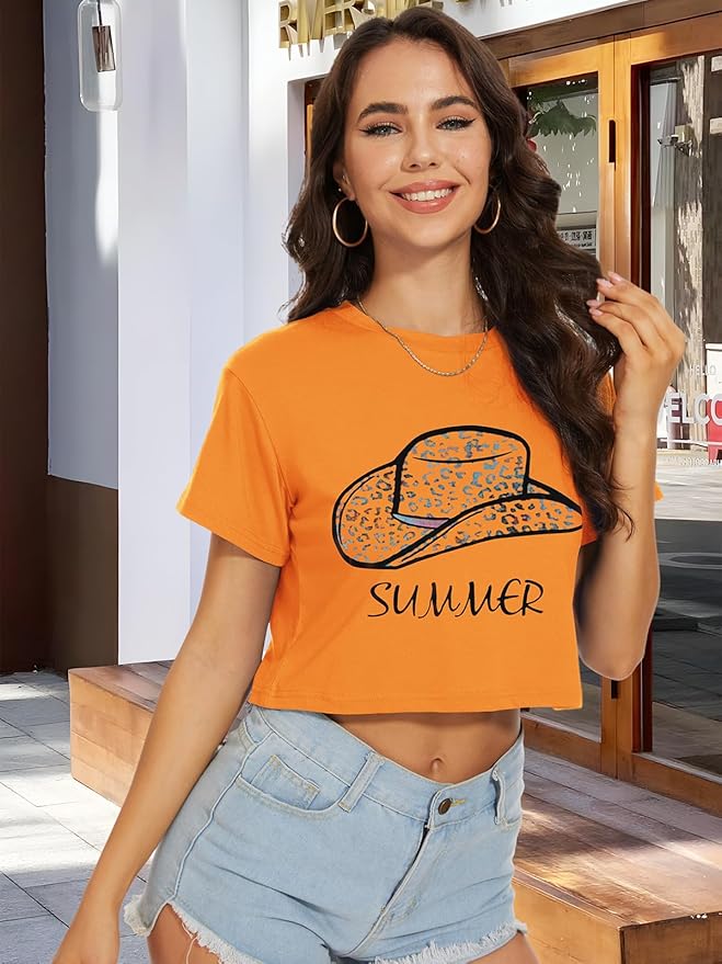 Womens Summer Crop Tops Short Sleeve Round Neck T-Shirts Loose Fit Casual Blouse