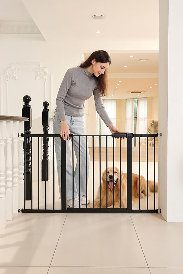 29"-57" Baby and Pet Safety Gate, 30" Tall Metal Walk-Thru Gate for Doorways & Stairs, Easy One-Hand Open, Dual Lock, Extensions & Wall Mounts Included (Black, 29"-54" W x 30.5“H)