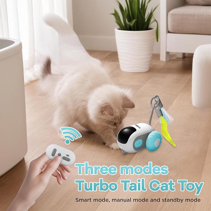 Turbo Tail 3.0 Interactive Cat Toy - Smart Remote Control Electric Mouse with Feathers, 3 Play Modes (Smart/Manual/Standby), Auto Obstacle Avoidance, Type-C, 8H Playtime - Blue (2PCS)