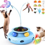 Pawtners Interactive Cat Toy 4 in 1 Automatic Cat Toy for Indoor Cats, Self Play Kitty Toy with Fluttering Butterfly, Track Ball and Feather Pack, Blue