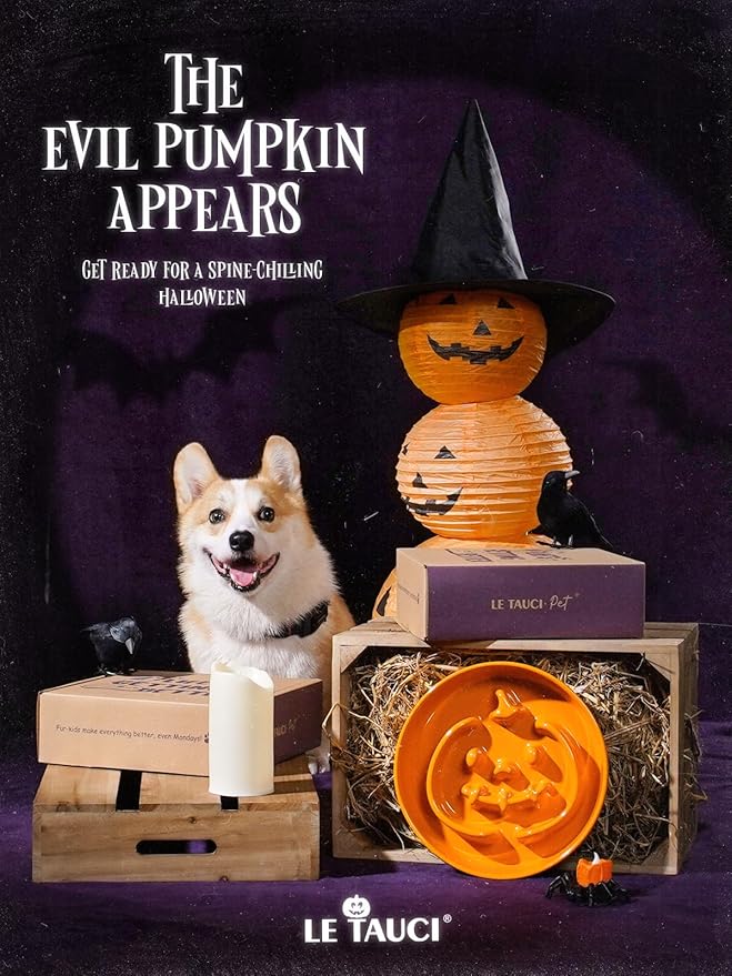 LE TAUCI Ceramic Puzzle Feeder Bowl Raised 1.5 Cup with Wood Stand for Small Medium Dog & Puppy, Fast Eating Food Dish,Pumpkin Orange