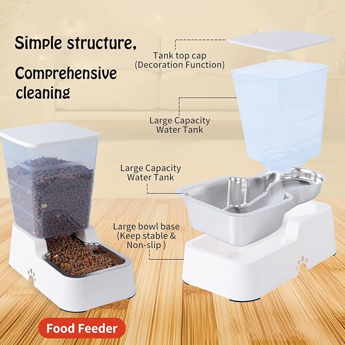 Meikuler Pets Auto Feeder 5.2L,Food Feeder and Water Dispenser Set for Medium & Large Dogs Cats and Pets Animals (White)